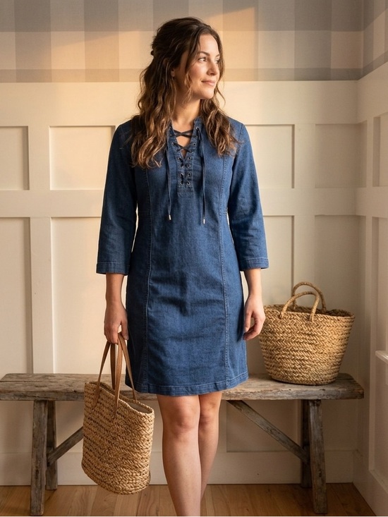 J. Jill Dresses & Skirts - J. Jill Lace-Up Denim Shift Dress - Indigo Blue‎ Small